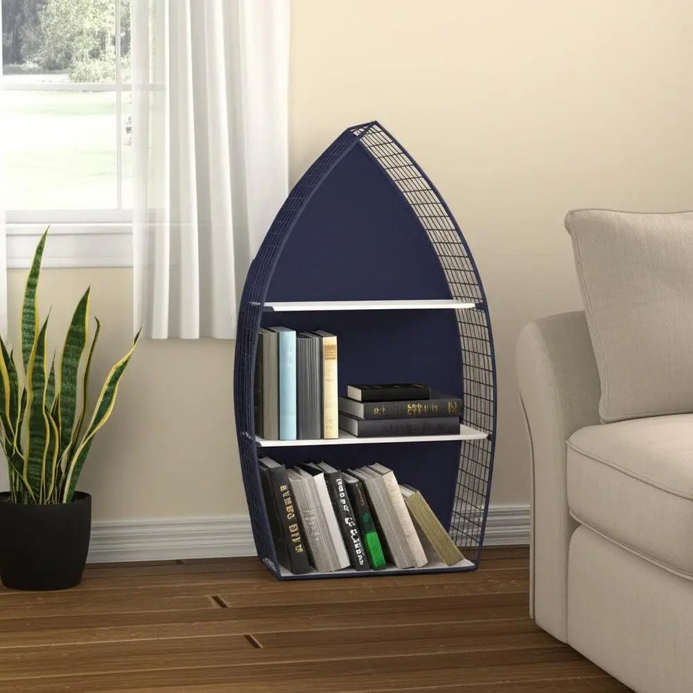 30" Navy Blue And White Metal and Wood Boat Shaped Bookcase - NOBLE HOME INTERIORS