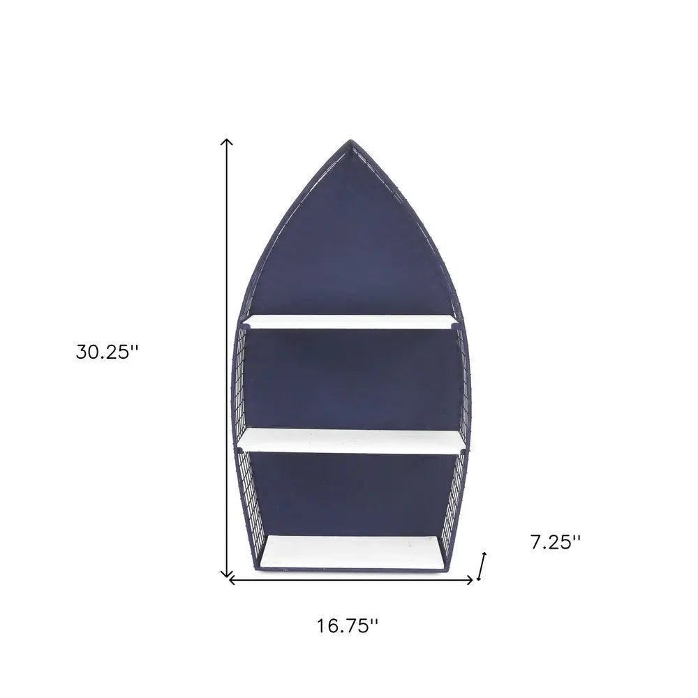 30" Navy Blue And White Metal and Wood Boat Shaped Bookcase - NOBLE HOME INTERIORS