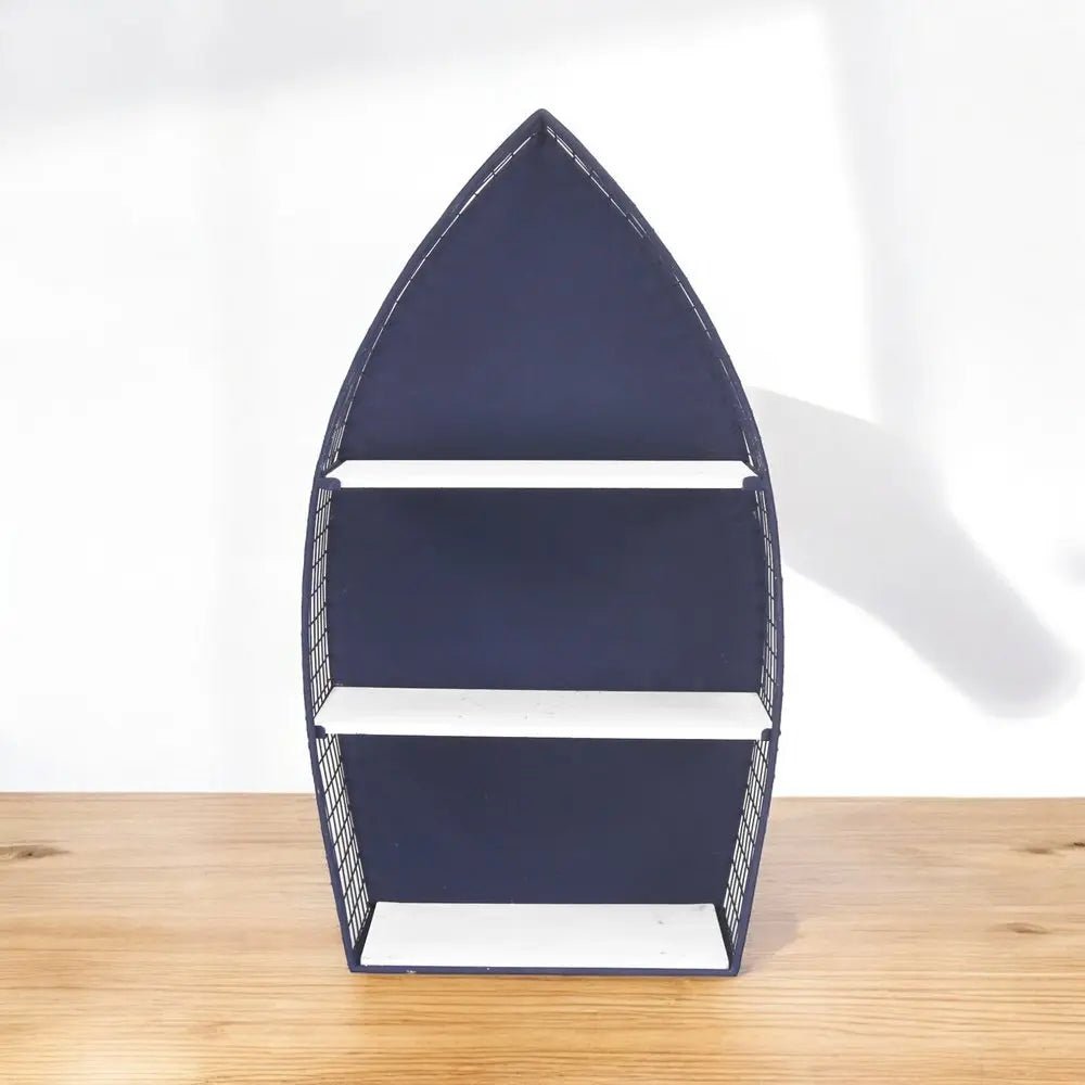 30" Navy Blue And White Metal and Wood Boat Shaped Bookcase - NOBLE HOME INTERIORS