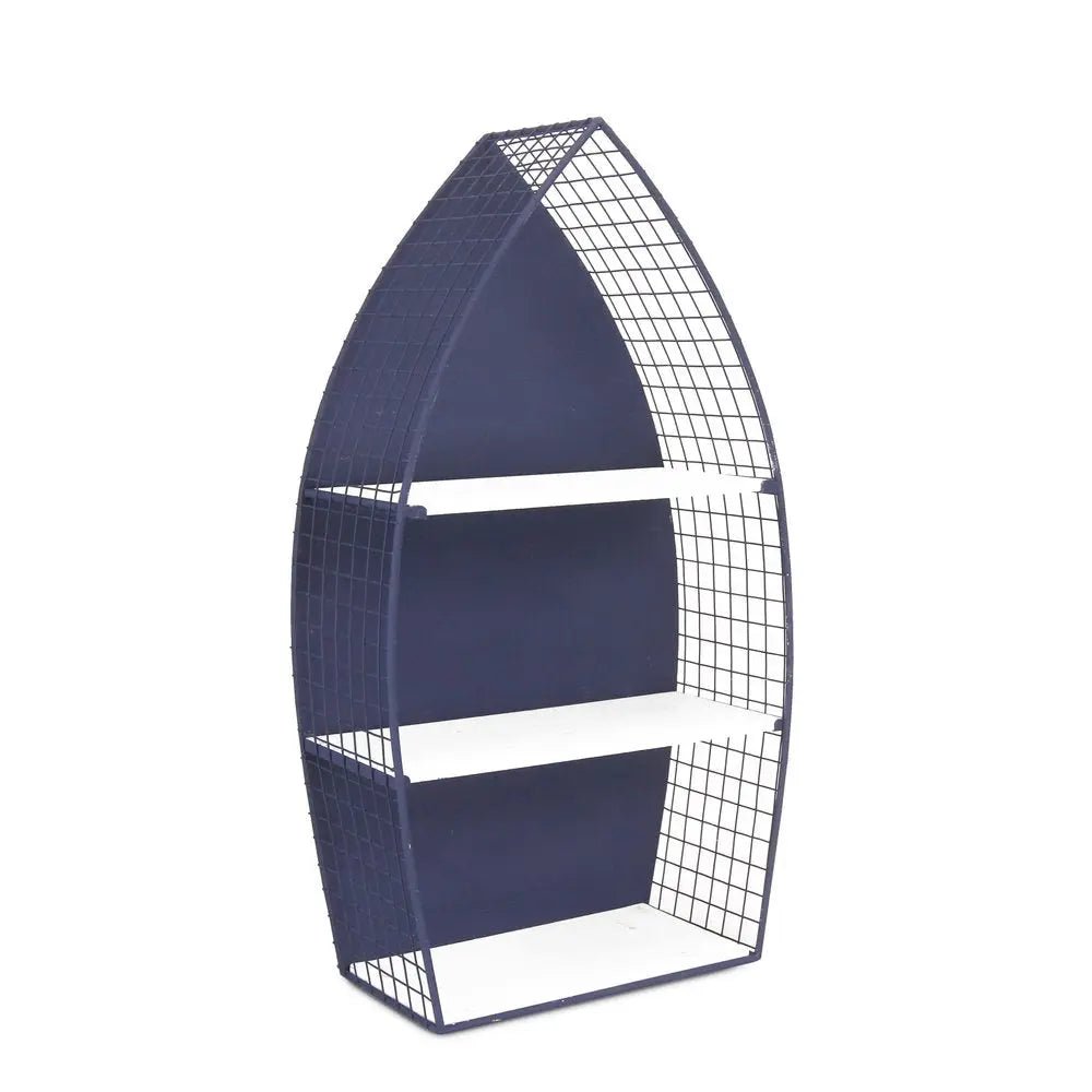 30" Navy Blue And White Metal and Wood Boat Shaped Bookcase - NOBLE HOME INTERIORS