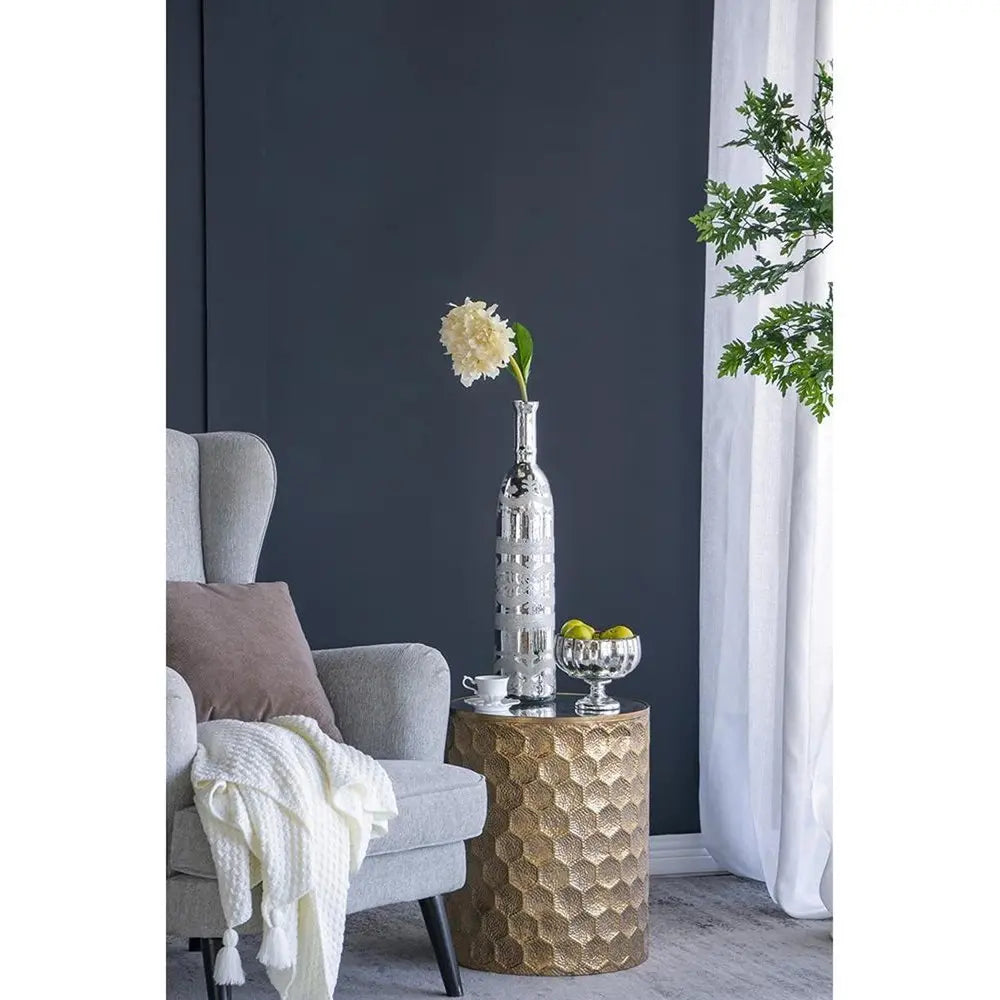 30" Silver Floral Round Glass Table Vase - NOBLE HOME INTERIORS