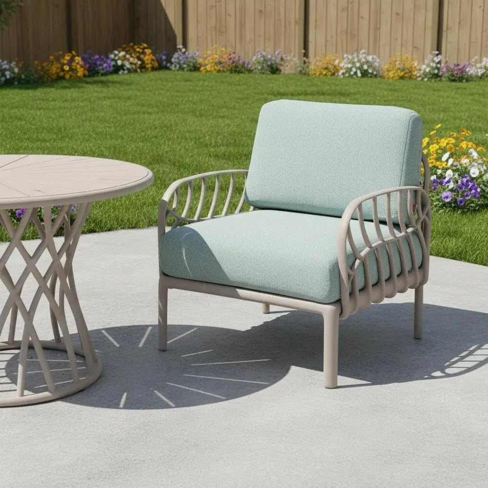 31" Gray Heavy Duty Plastic Outdoor Armchair With Sea Green Cushion - NOBLE HOME INTERIORS
