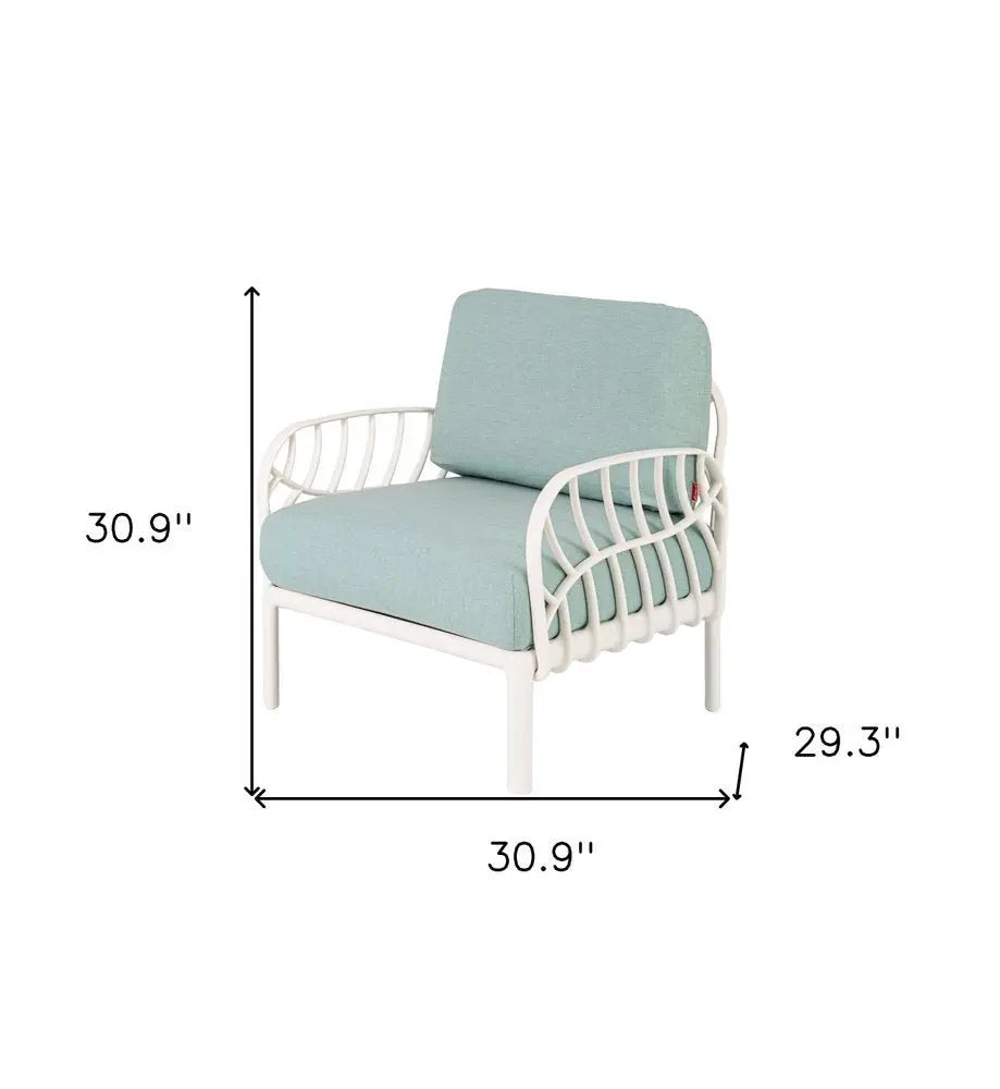 31" White Heavy Duty Plastic Outdoor Armchair With Sea Green Cushion - NOBLE HOME INTERIORS