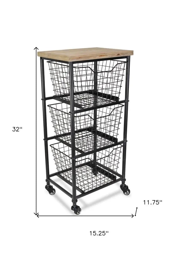 32" Black And Natural Metal And Wood Basket Storage Rolling Cabinet - NOBLE HOME INTERIORS