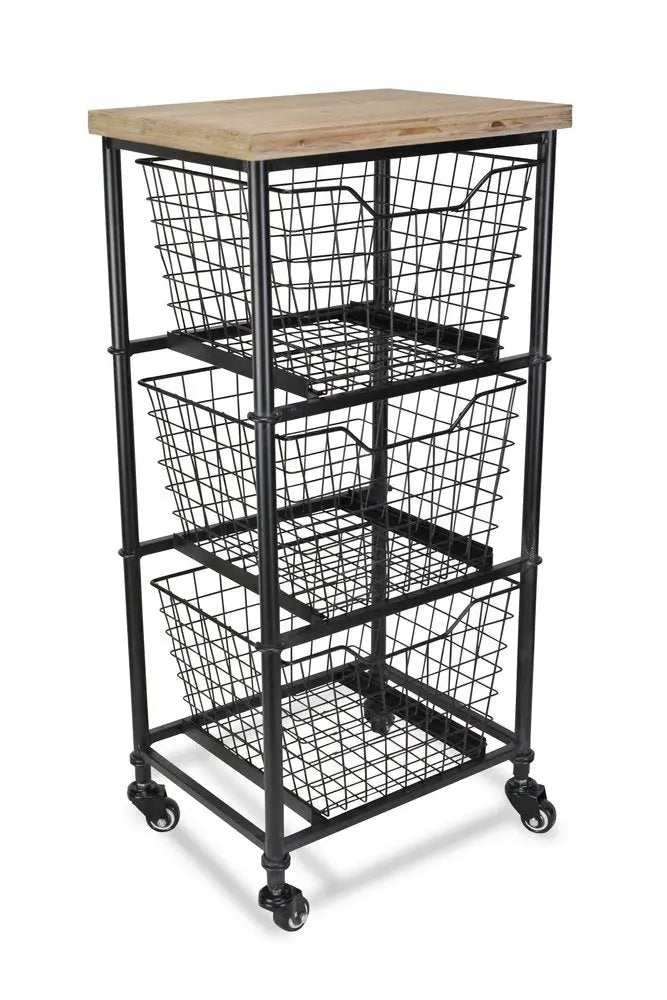 32" Black And Natural Metal And Wood Basket Storage Rolling Cabinet - NOBLE HOME INTERIORS