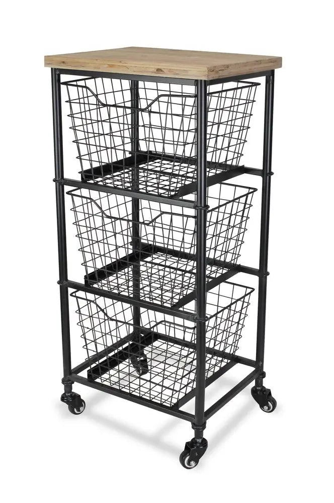 32" Black And Natural Metal And Wood Basket Storage Rolling Cabinet - NOBLE HOME INTERIORS