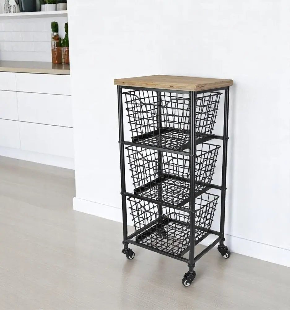 32" Black And Natural Metal And Wood Basket Storage Rolling Cabinet - NOBLE HOME INTERIORS