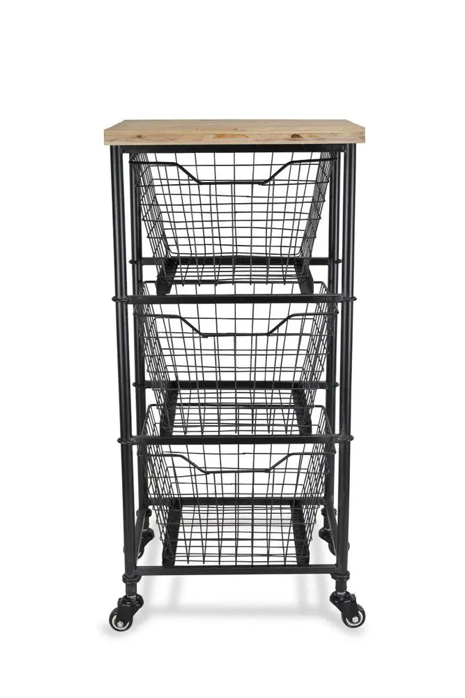 32" Black And Natural Metal And Wood Basket Storage Rolling Cabinet - NOBLE HOME INTERIORS