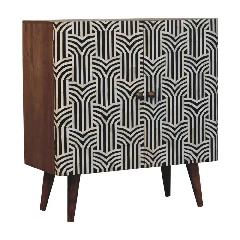 32" Brown Black and White Solid Wood And Inlaid Bone Textured Accent Cabinet With Two Doors - NOVA HOME FURNITURE