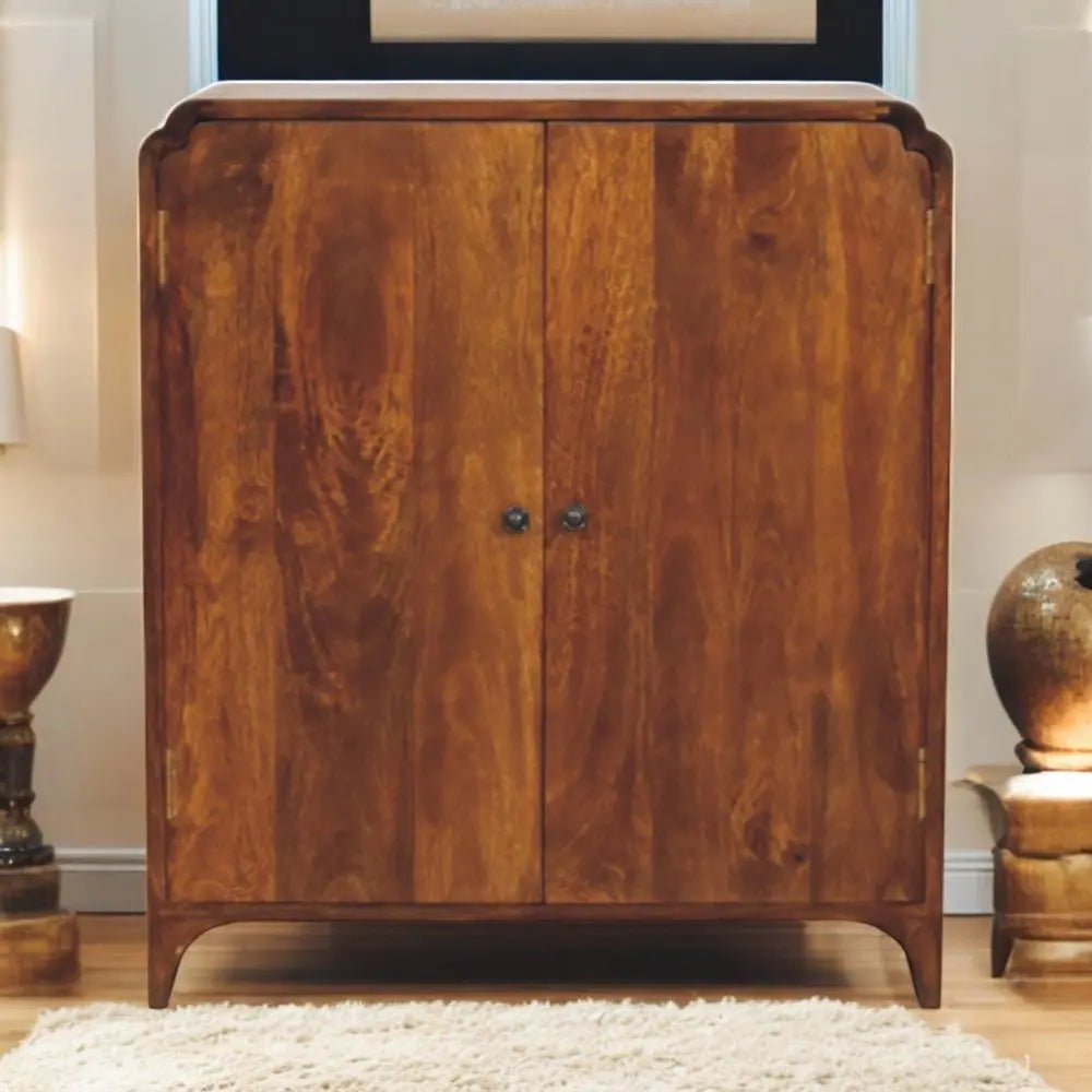 32" Chestnut Solid Wood Scallop Edge Accent Cabinet With Two Doors - NOBLE HOME INTERIORS