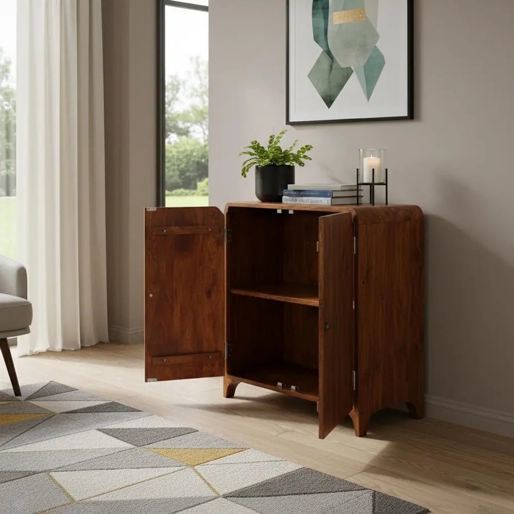 32" Chestnut Solid Wood Scallop Edge Accent Cabinet With Two Doors - NOBLE HOME INTERIORS