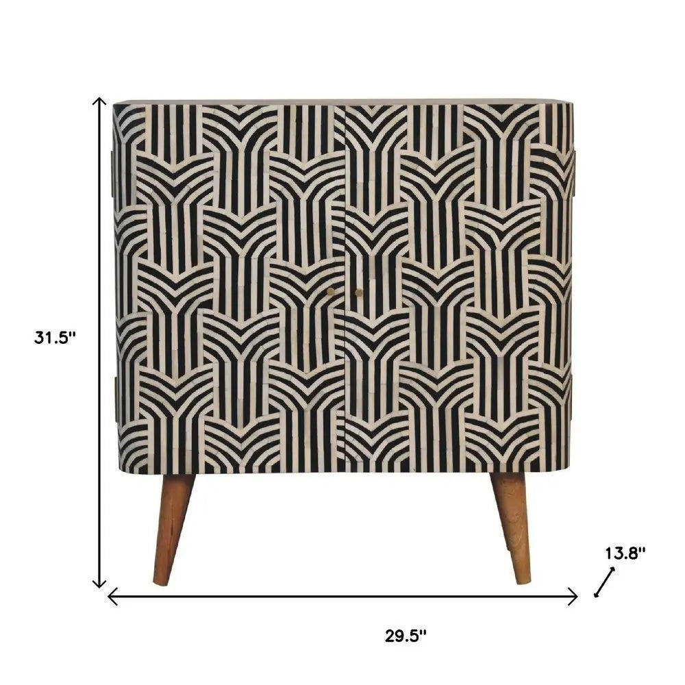 32" Dark Brown Black and White Solid Wood And Inlaid Bone Textured Accent Cabinet With Two Doors - NOVA HOME FURNITURE