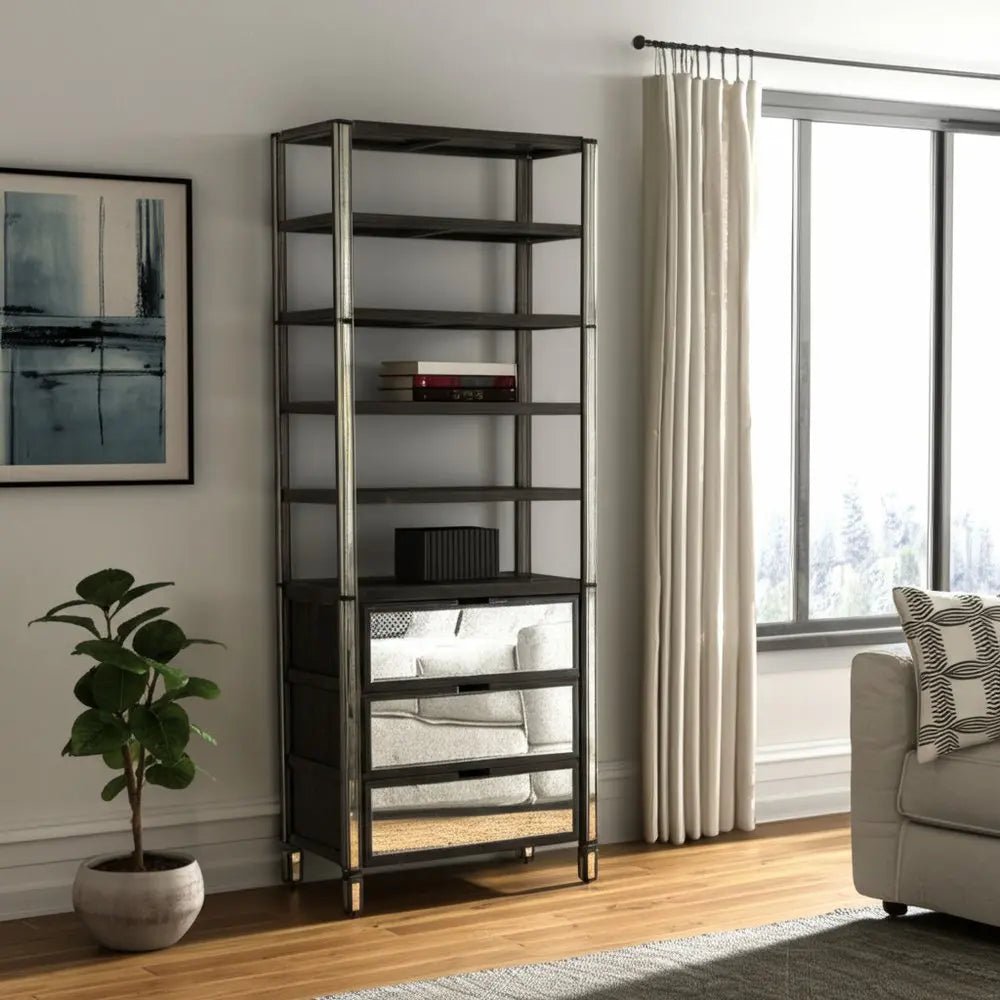 32" Dark Brown Solid Wood and Mirrored Glass Four Tier Bookcase with Three Drawers - NOBLE HOME INTERIORS
