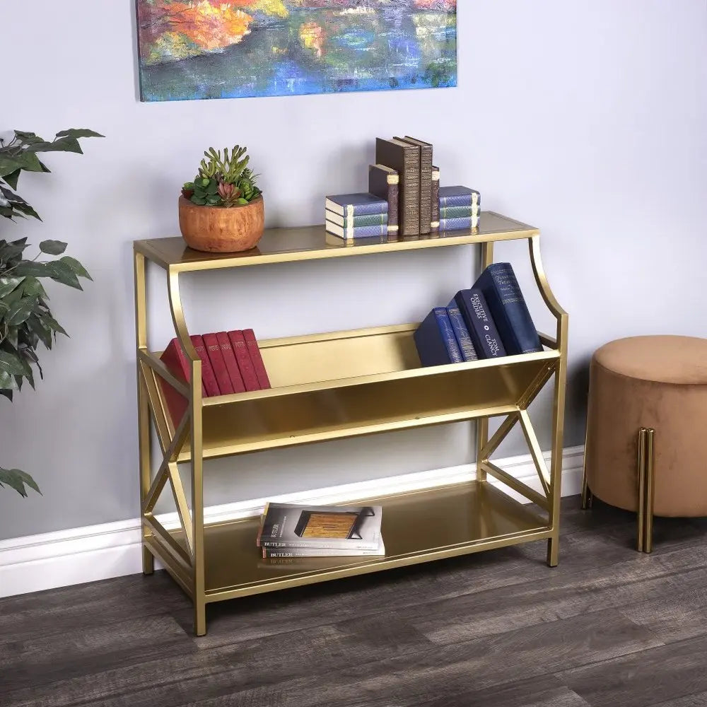 32" Gold Iron and Metal Two Tier Bookcase - NOBLE HOME INTERIORS