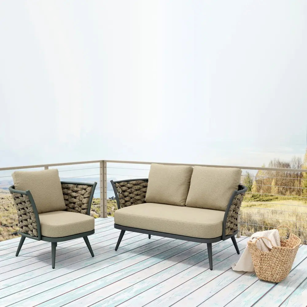 32" Gray And Taupe Woven Aluminum Outdoor Arm Chair with Taupe Cushion - NOBLE HOME INTERIORS