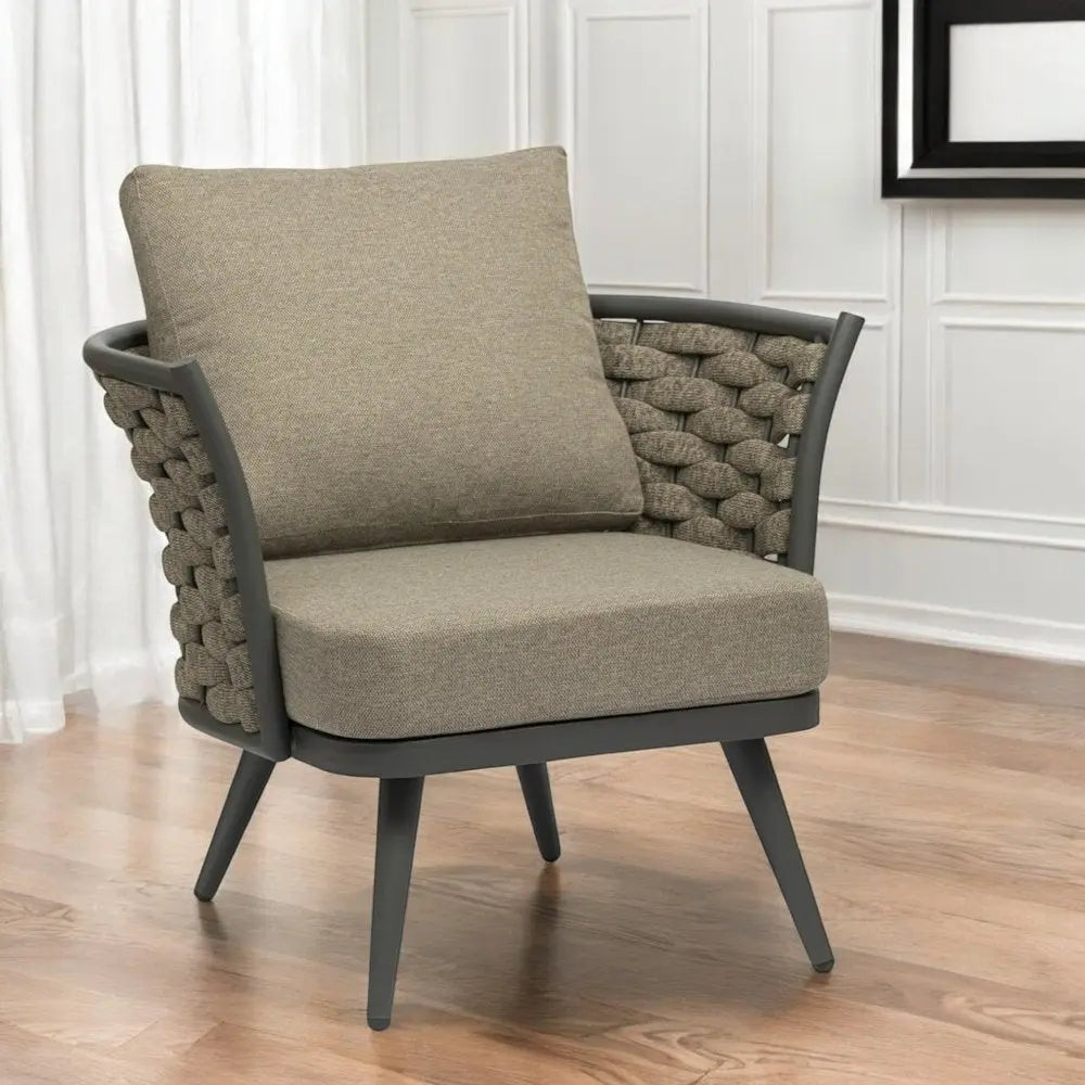 32" Gray And Taupe Woven Aluminum Outdoor Arm Chair with Taupe Cushion - NOBLE HOME INTERIORS