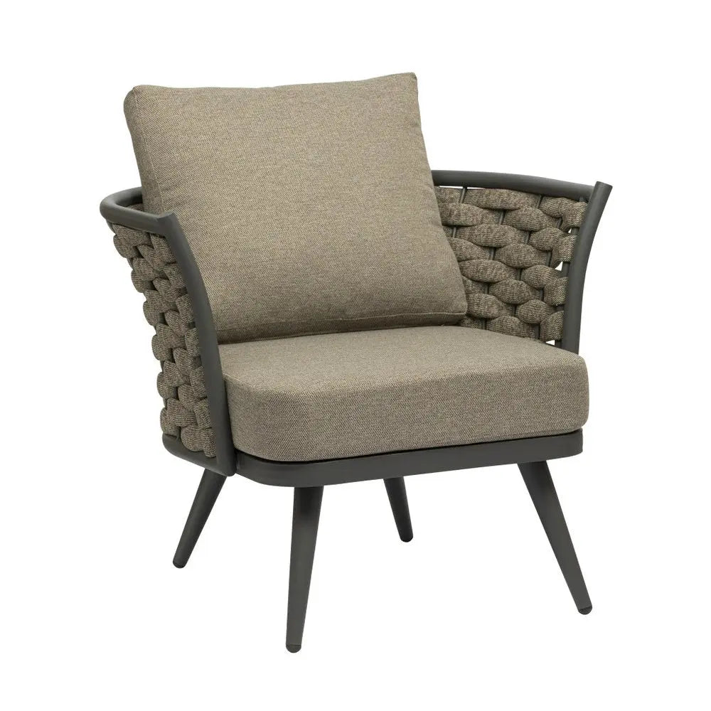 32" Gray And Taupe Woven Aluminum Outdoor Arm Chair with Taupe Cushion - NOBLE HOME INTERIORS