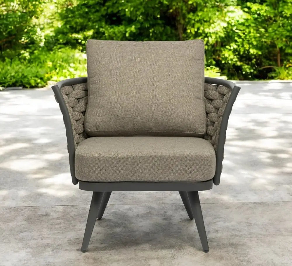 32" Gray And Taupe Woven Aluminum Outdoor Arm Chair with Taupe Cushion - NOBLE HOME INTERIORS