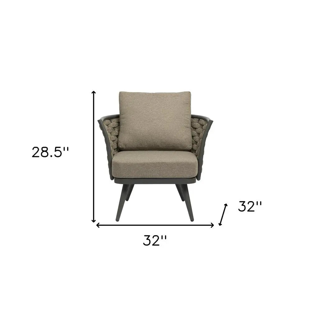 32" Gray And Taupe Woven Aluminum Outdoor Arm Chair with Taupe Cushion - NOBLE HOME INTERIORS