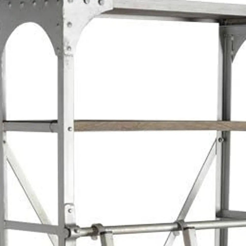 32" Light Brown And Nickel Metal and Solid Wood Five Tier Library Bookcase with Two Drawers - NOBLE HOME INTERIORS