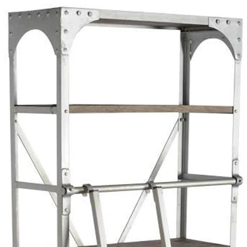 32" Light Brown And Nickel Metal and Solid Wood Five Tier Library Bookcase with Two Drawers - NOBLE HOME INTERIORS