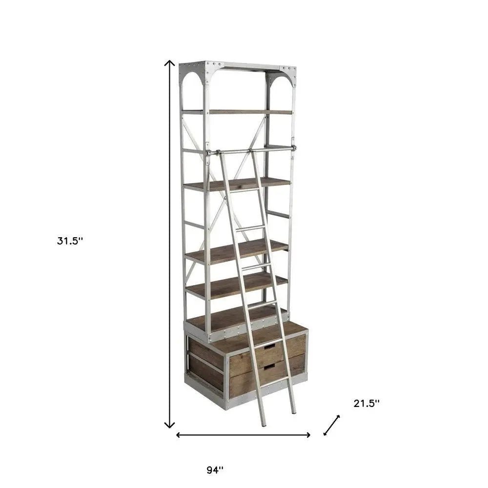 32" Light Brown And Nickel Metal and Solid Wood Five Tier Library Bookcase with Two Drawers - NOBLE HOME INTERIORS