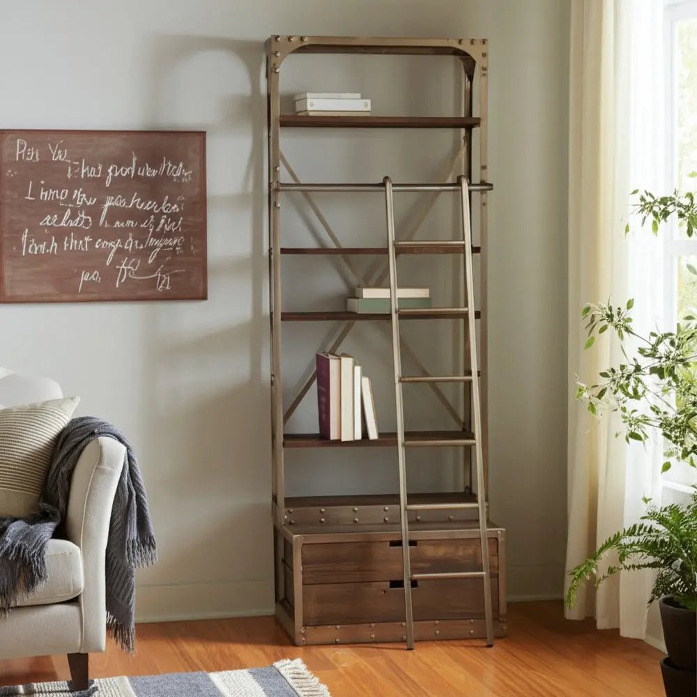 32" Light Brown And Nickel Metal and Solid Wood Six Tier Library Bookcase with Two Drawers - NOBLE HOME INTERIORS