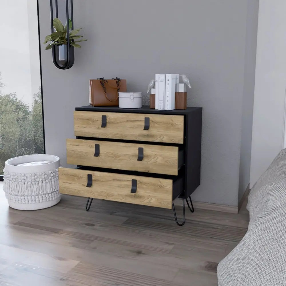 32" Natural and Black Three Drawer Dresser - NOBLE HOME INTERIORS