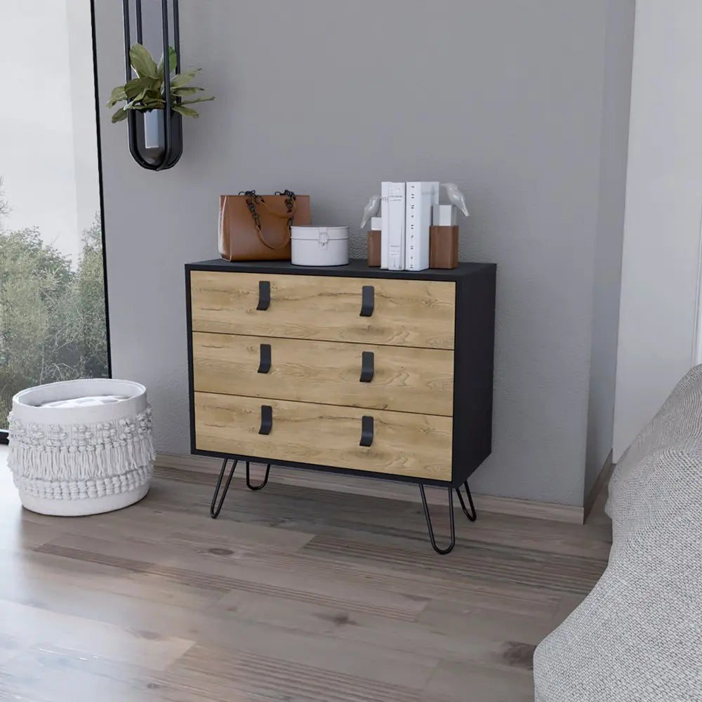 32" Natural and Black Three Drawer Dresser - NOBLE HOME INTERIORS