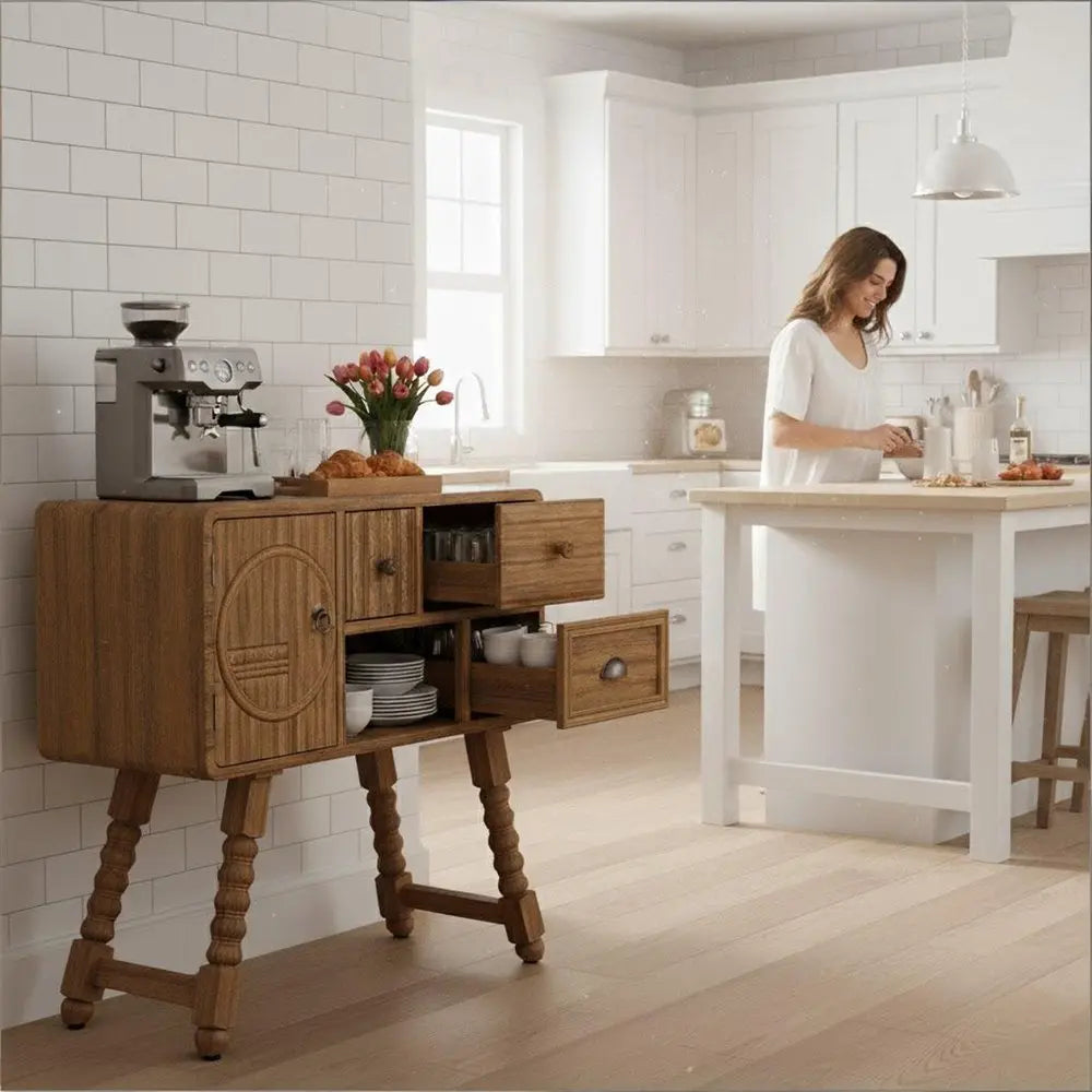 32" Sepia Solid Wood Console Accent Cabinet With Single Door And Four Drawers - NOVA HOME FURNITURE