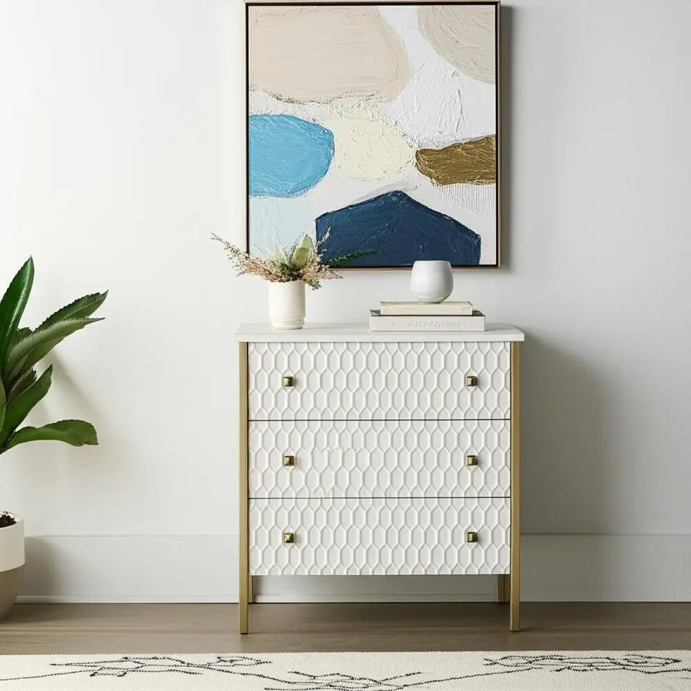 32" White and Gold Wood and Metal Carved Geometric Accent Cabinet With Three Drawers - NOBLE HOME INTERIORS