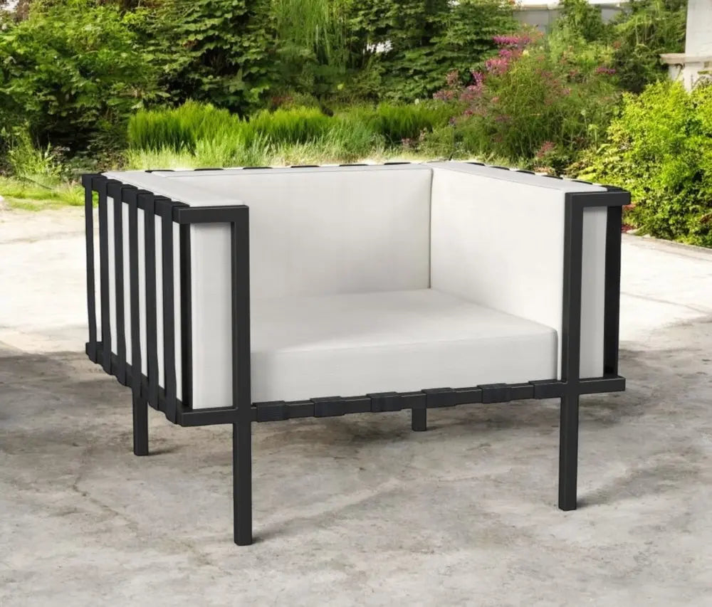 33" Black Metal Outdoor Arm Chair with Off White Cushion - NOBLE HOME INTERIORS