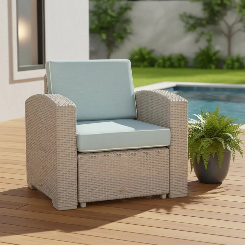 33" Gray Heavy Duty Plastic Outdoor Club Chair With Blue Cushion - NOBLE HOME INTERIORS