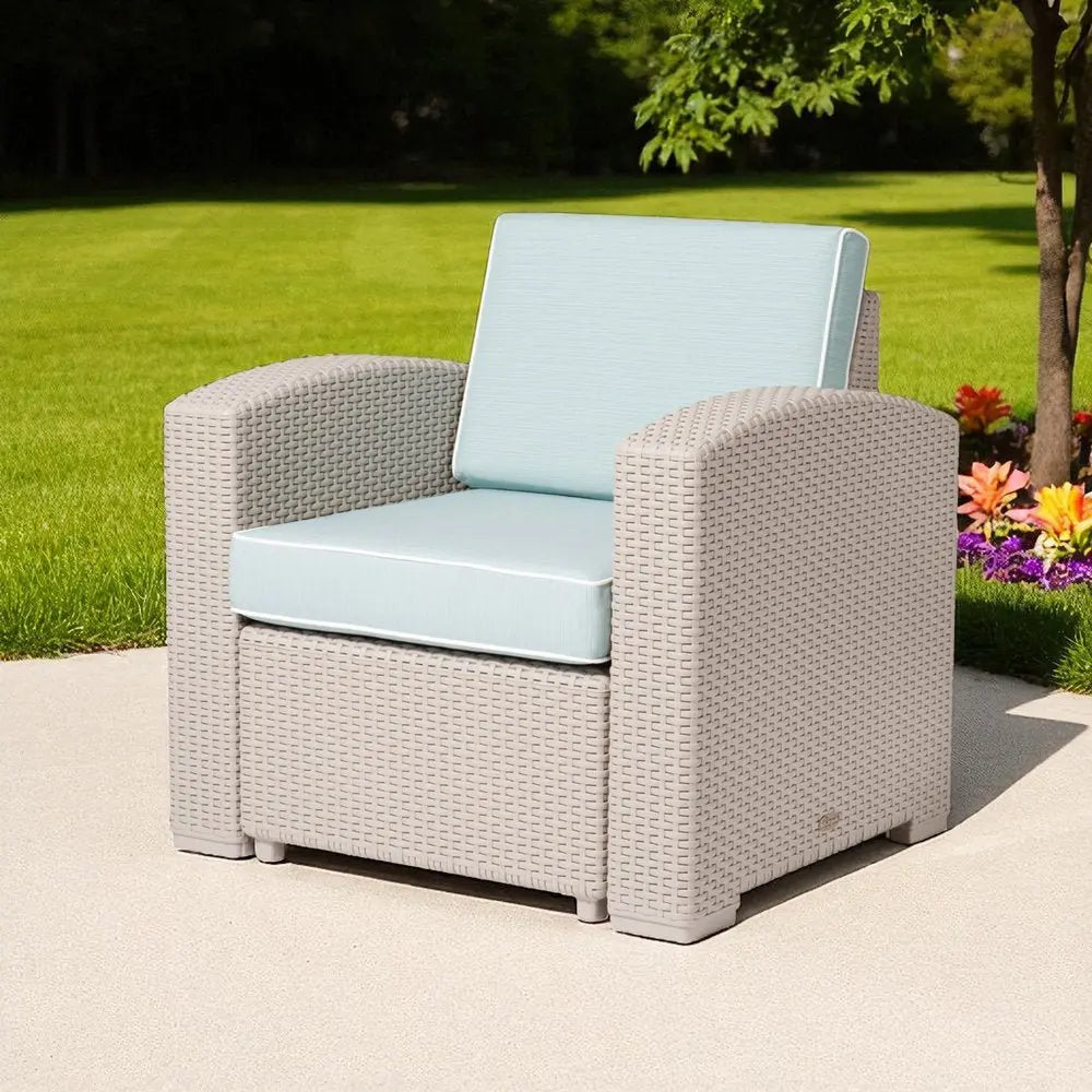 33" Gray Heavy Duty Plastic Outdoor Club Chair With Blue Cushion - NOBLE HOME INTERIORS