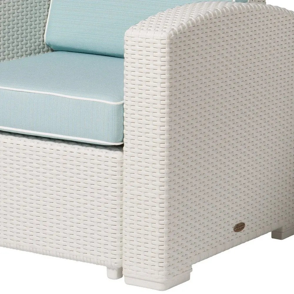 33" White Heavy Duty Plastic Outdoor Club Chair With Aqua Blue Cushion - NOBLE HOME INTERIORS