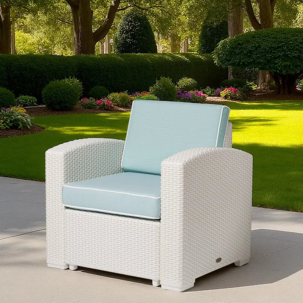 33" White Heavy Duty Plastic Outdoor Club Chair With Aqua Blue Cushion - NOBLE HOME INTERIORS
