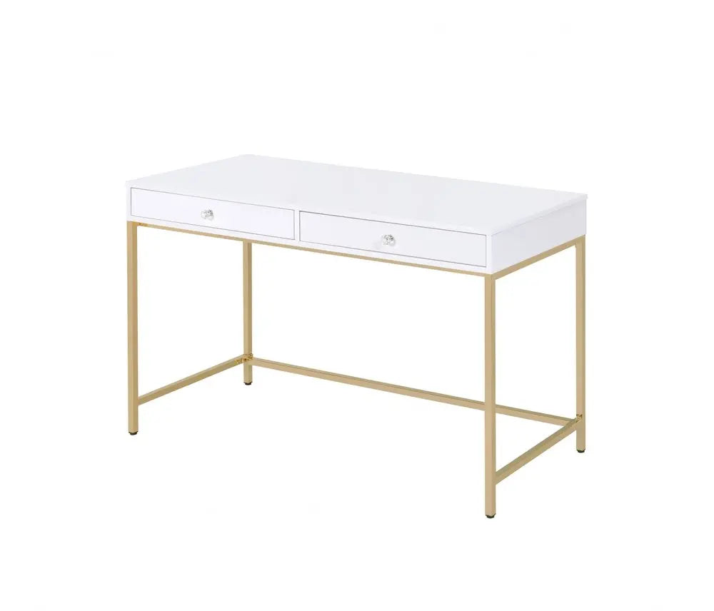 47" White and Gold Computer Desk With Two Drawers HomeRoots