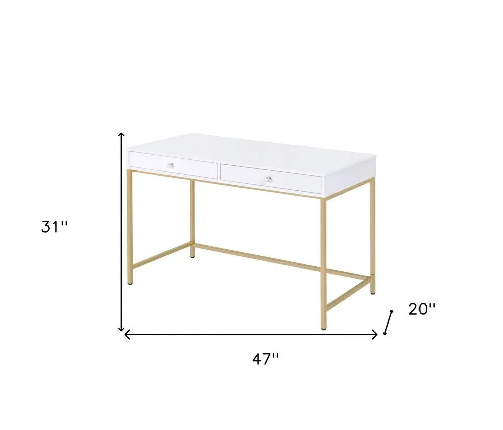 47" White and Gold Computer Desk With Two Drawers HomeRoots