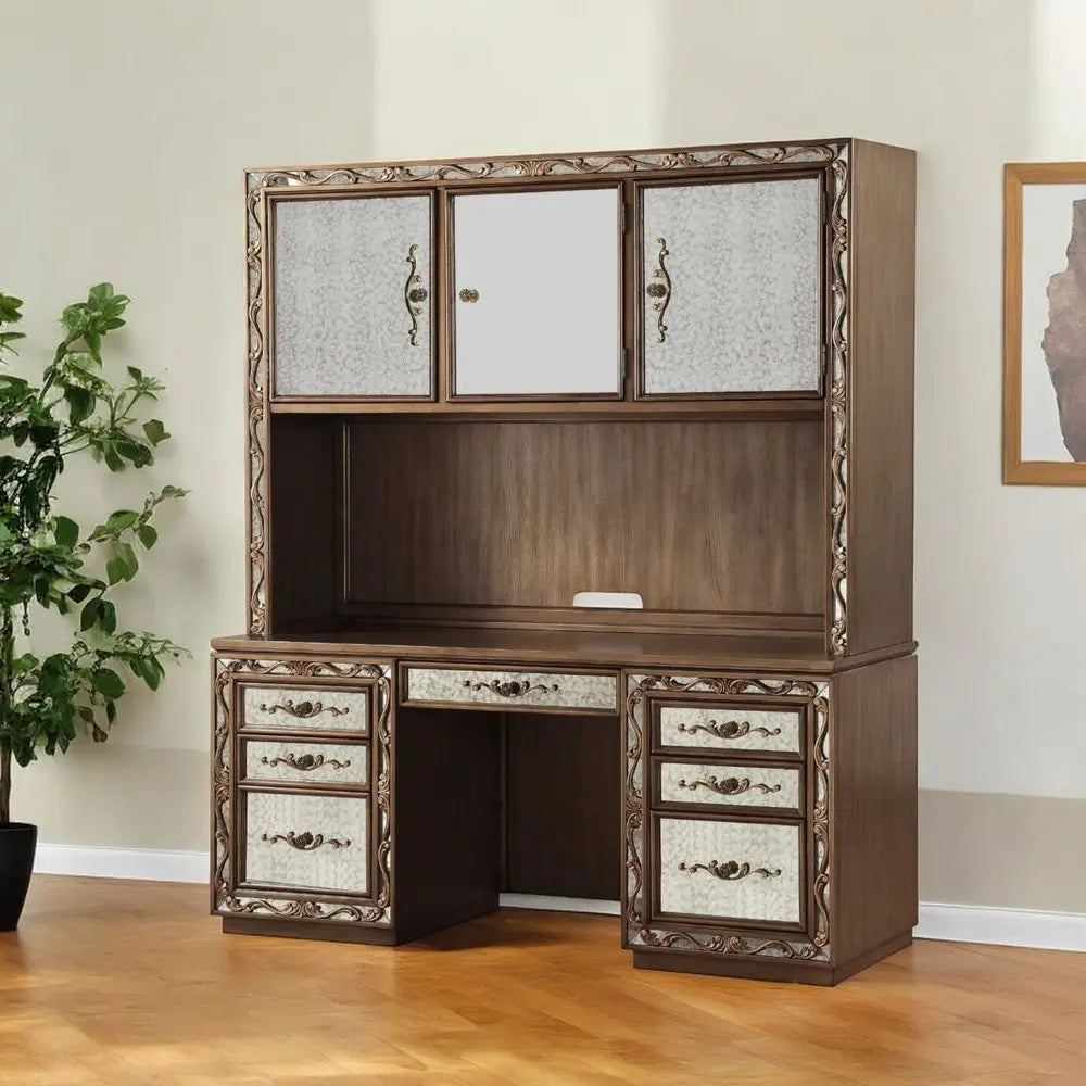 66" Gold Mirrored Computer Desk With Hutch With Three Cabinets Seven Drawers HomeRoots
