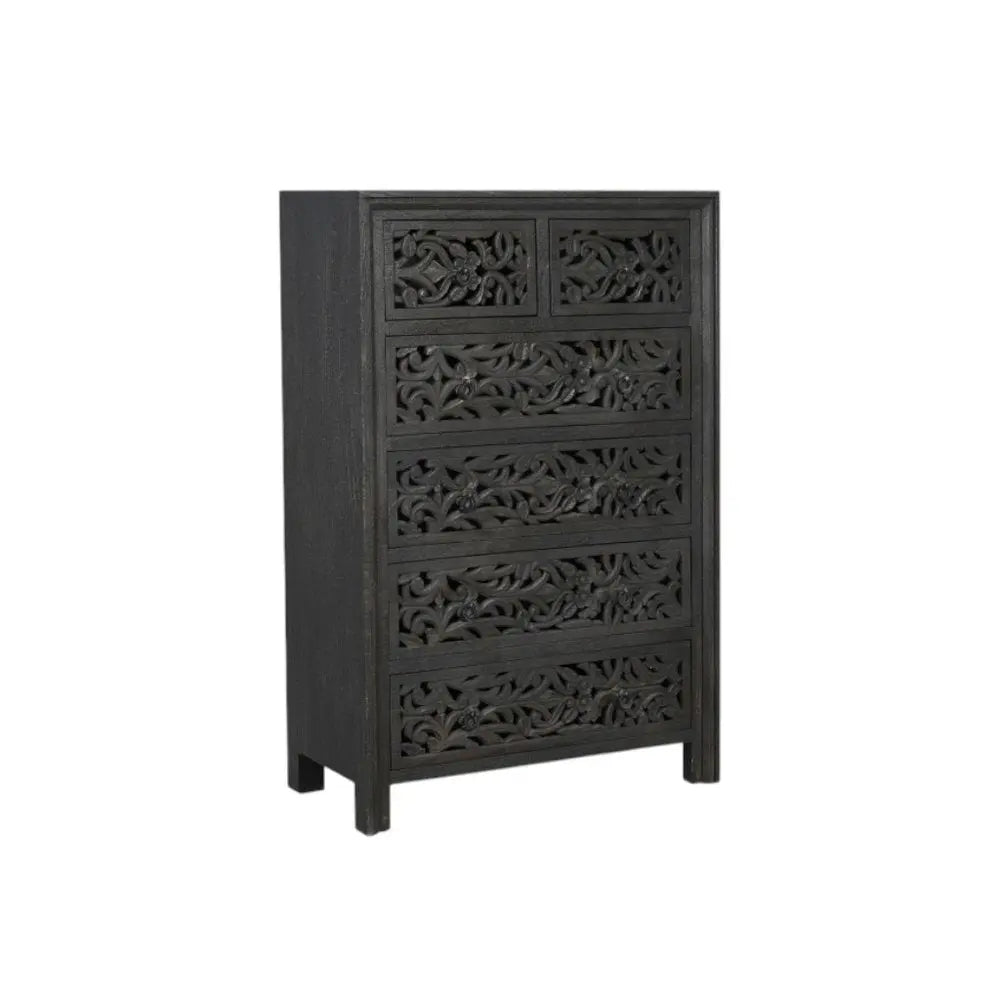 35" Black Carved Floral Solid Wood Six Drawer Dresser - NOBLE HOME INTERIORS