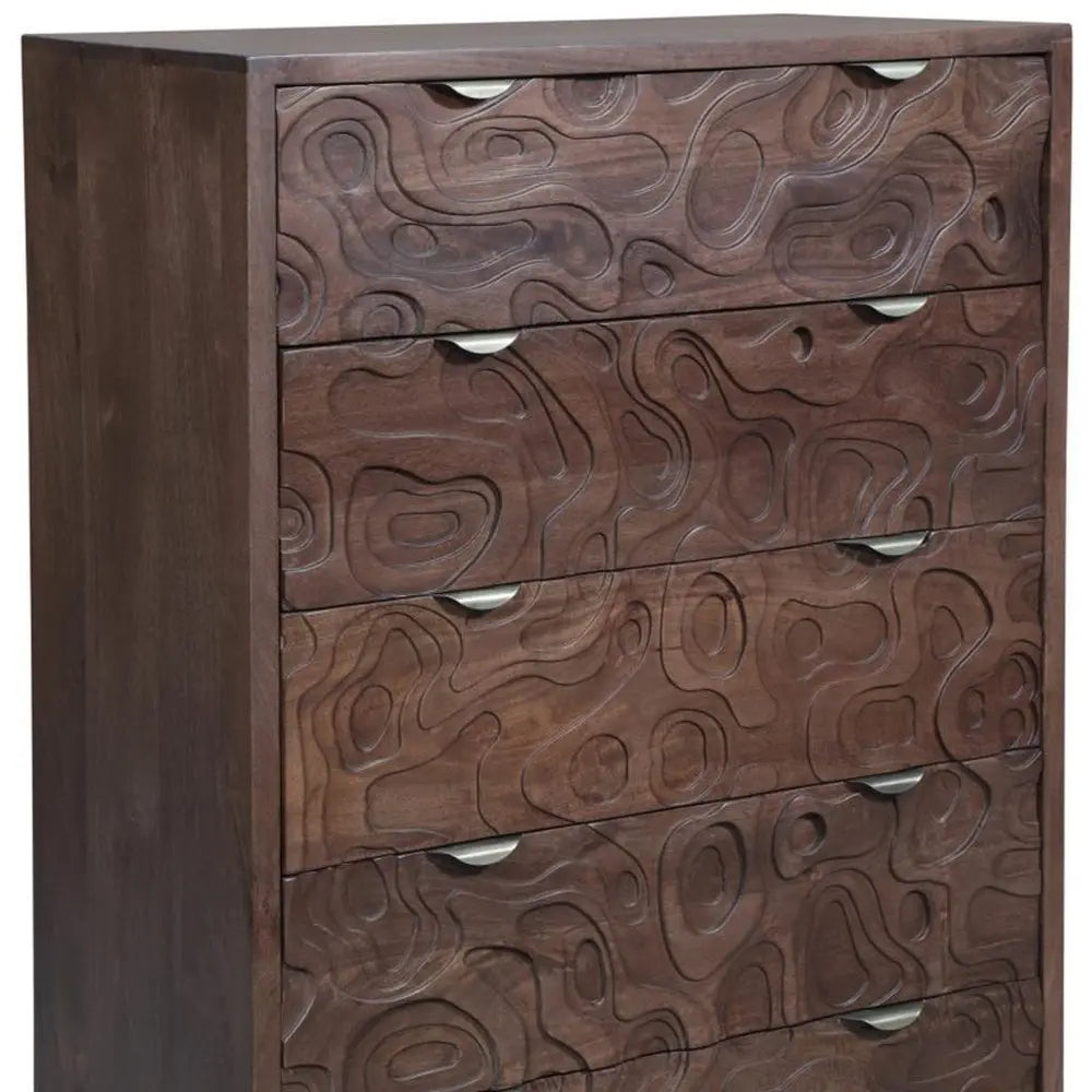 35" Brown Carved Abstract Solid Wood Five Drawer Dresser - NOBLE HOME INTERIORS