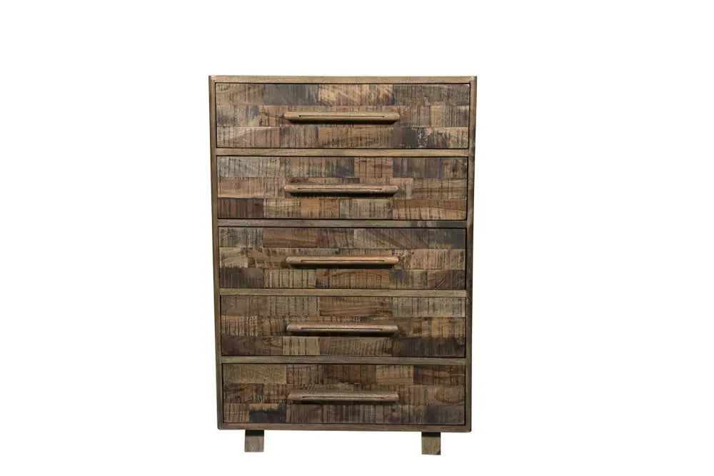 35" Brown Carved Geometric Solid Wood Five Drawer Dresser - NOBLE HOME INTERIORS