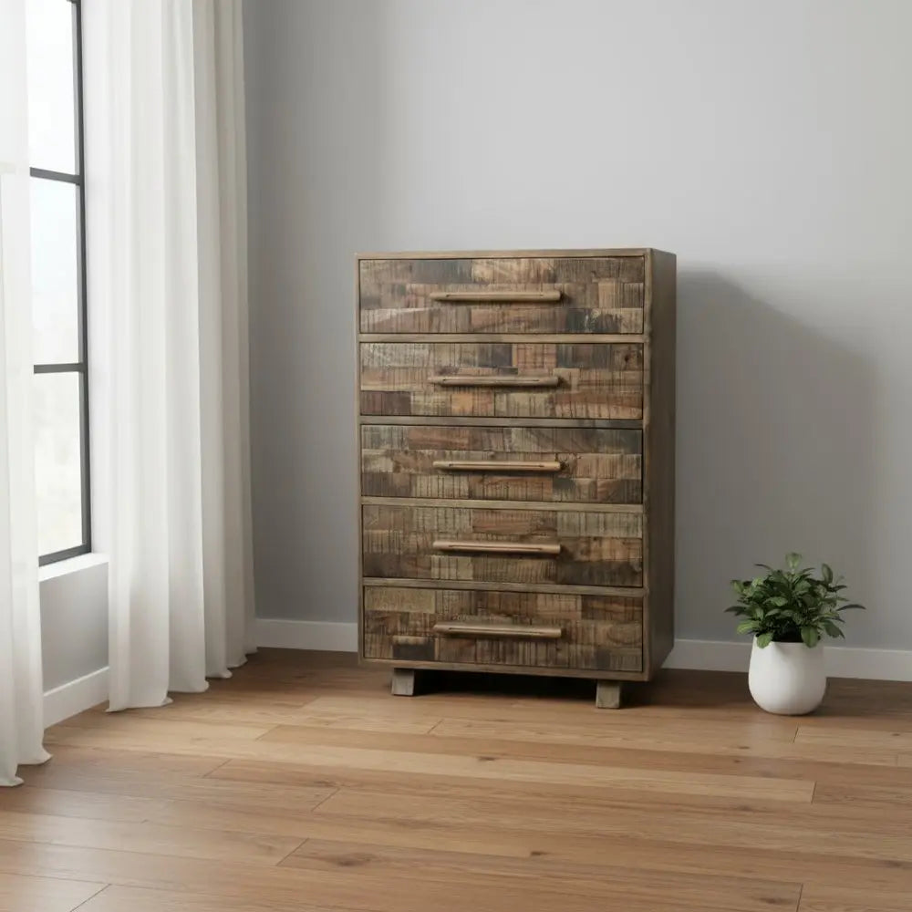 35" Brown Carved Geometric Solid Wood Five Drawer Dresser - NOBLE HOME INTERIORS