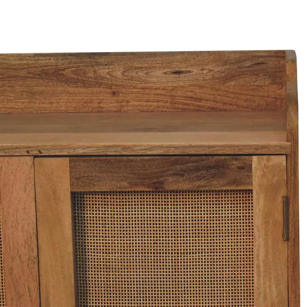 35" Brown Distressed Solid Wood Inlaid Rattan Accent Cabinet With Two Doors - NOVA HOME FURNITURE