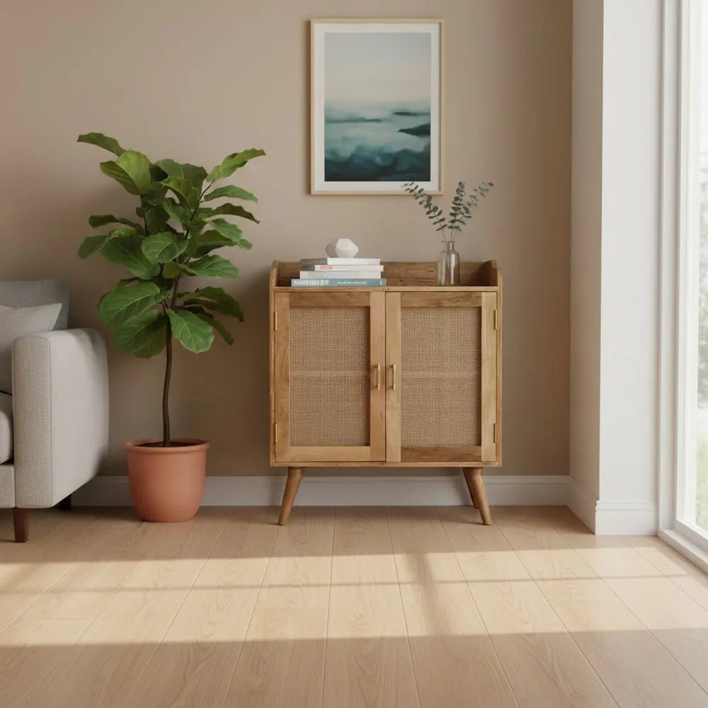 35" Brown Distressed Solid Wood Inlaid Rattan Accent Cabinet With Two Doors - NOVA HOME FURNITURE