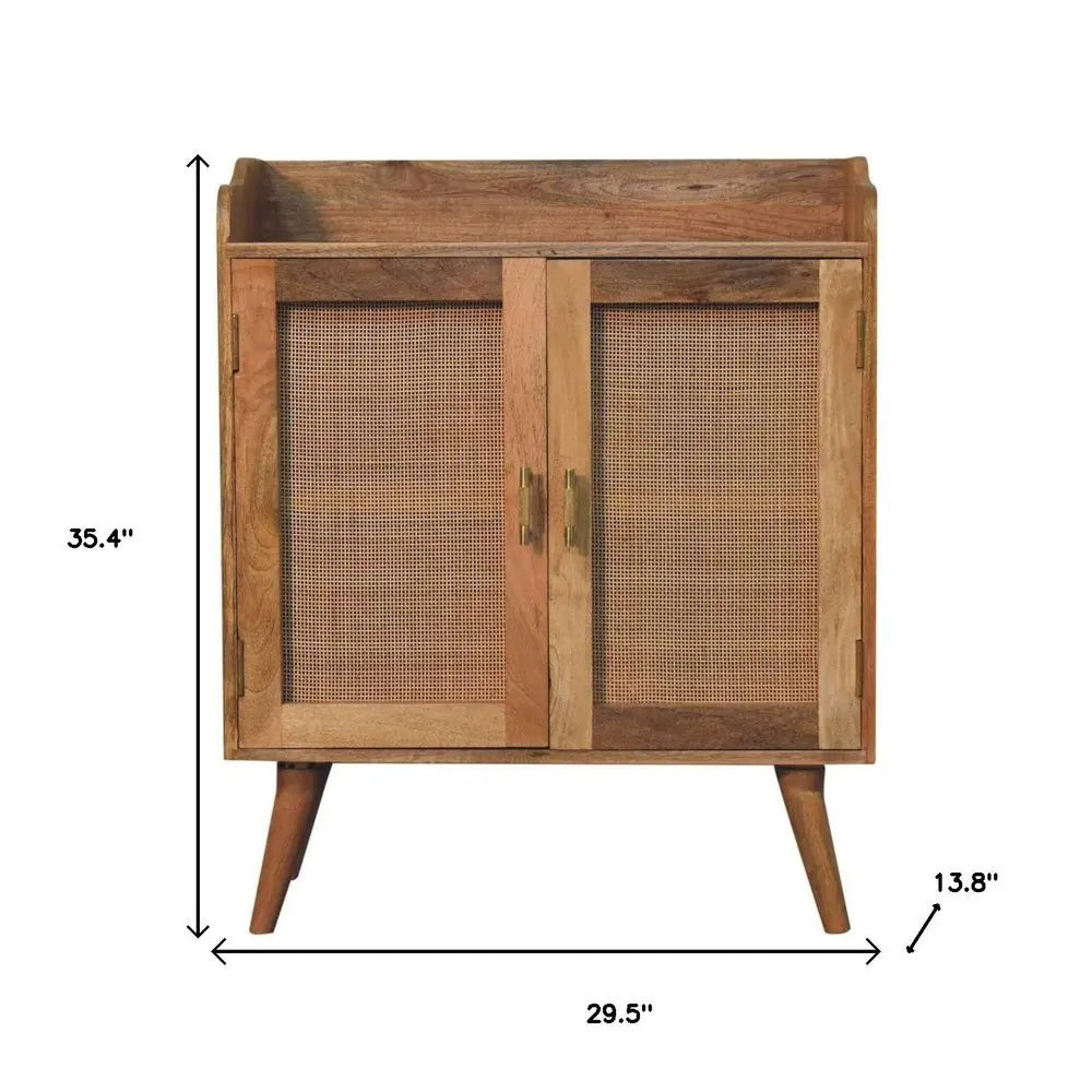 35" Brown Distressed Solid Wood Inlaid Rattan Accent Cabinet With Two Doors - NOVA HOME FURNITURE