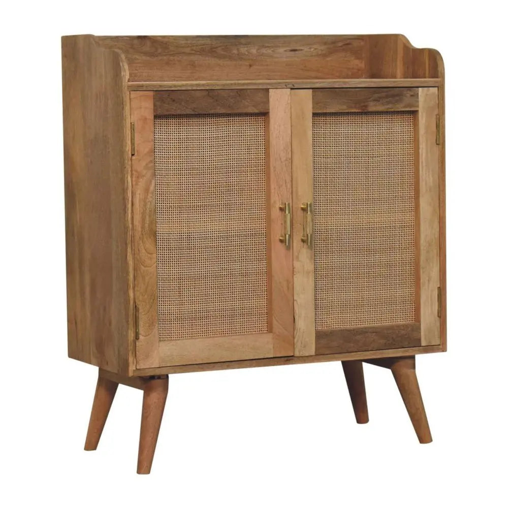 35" Brown Distressed Solid Wood Inlaid Rattan Accent Cabinet With Two Doors - NOVA HOME FURNITURE