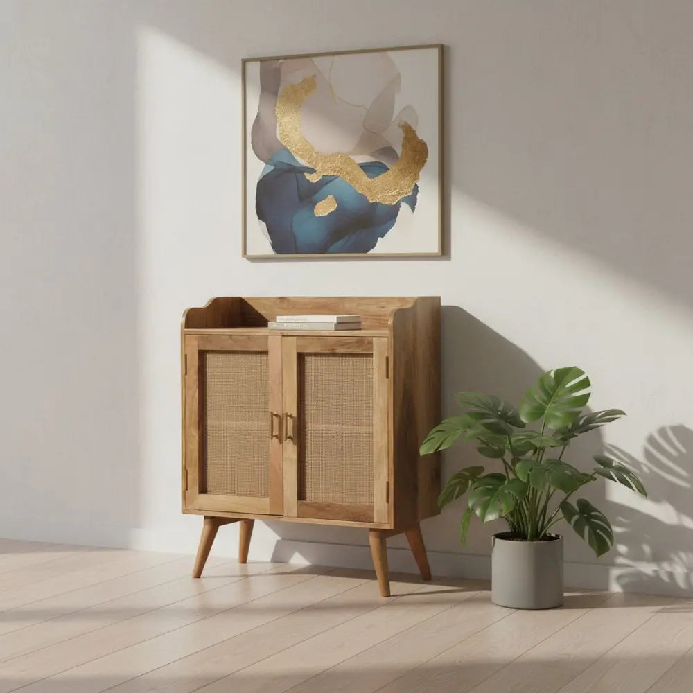 35" Brown Distressed Solid Wood Inlaid Rattan Accent Cabinet With Two Doors - NOVA HOME FURNITURE