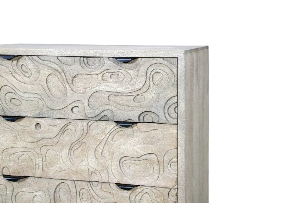 35" Gray Carved Abstract Solid Wood Five Drawer Dresser - NOBLE HOME INTERIORS