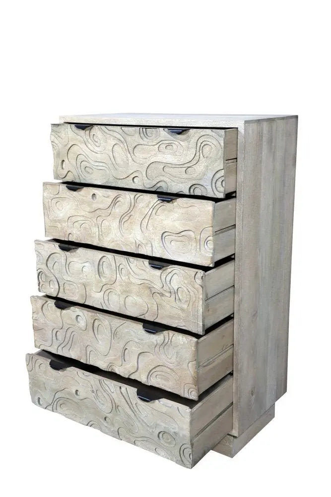 35" Gray Carved Abstract Solid Wood Five Drawer Dresser - NOBLE HOME INTERIORS